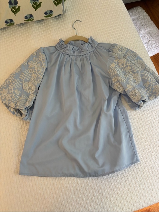 THML Tops - THML Sky Blue Puff-Sleeve Embroidered Ruffle Neck Blouse